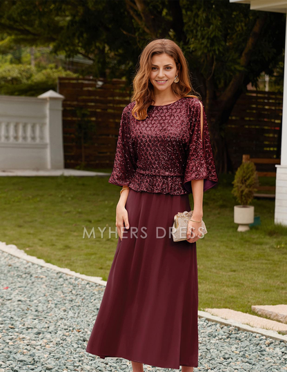 My Hers New Product Mother of The Bride Dress Sequin Long sleeves Chiffon Dress Sparkle Gown Wedding Guests Dresses