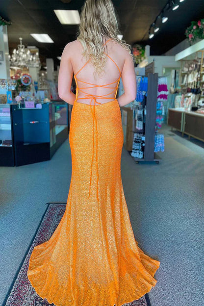 Mermaid V Neck Spaghetti Strap Orange Lace-Up Back Sequins Long Prom Dress