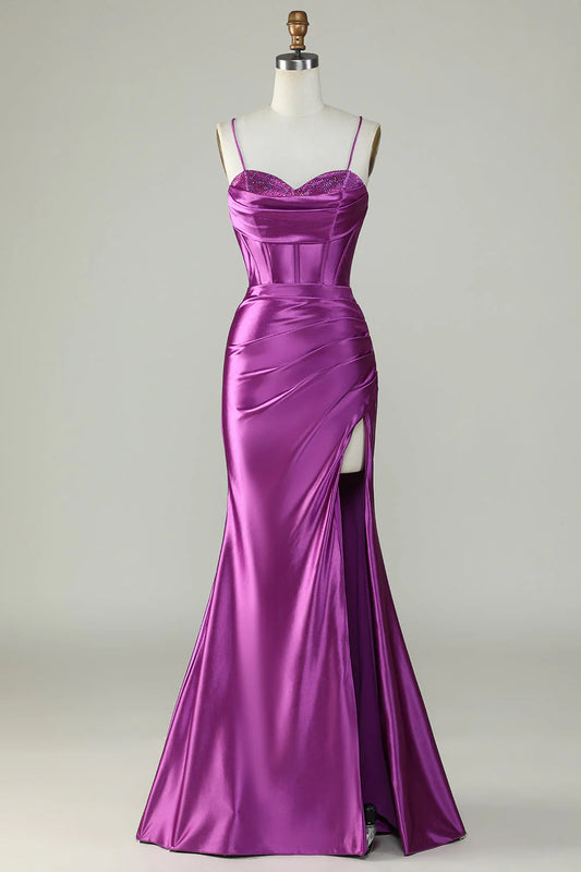 Dark Purple Spaghetti Straps Mermaid Satin Sequins Long Prom Dress With Slit