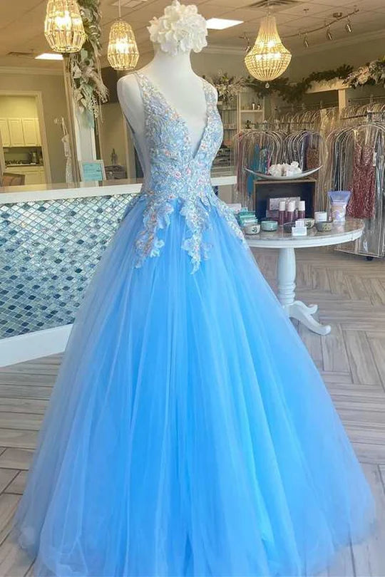 A-Line  V-Neck Long Prom Dress with Floral Appliques