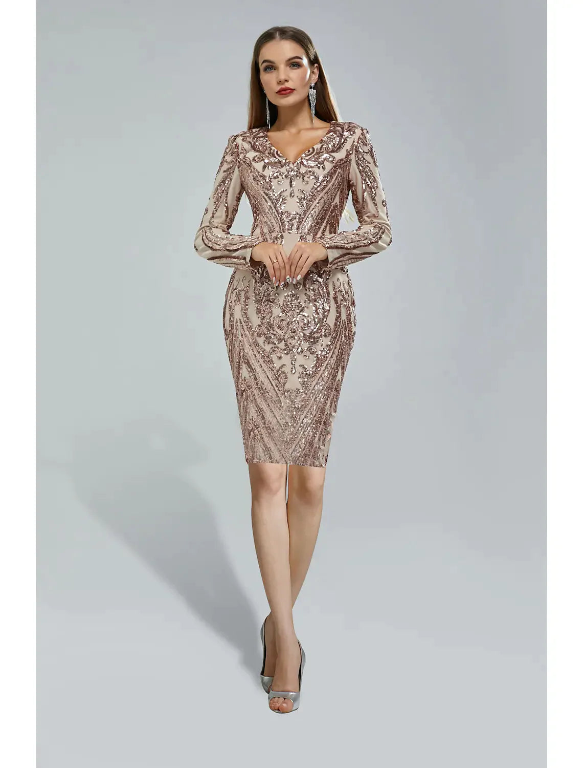 Mermaid / Trumpet Cocktail Dresses Sparkle & Shine Dress Wedding Guest Tea Length Long Sleeve V Neck Sequined with Appliques