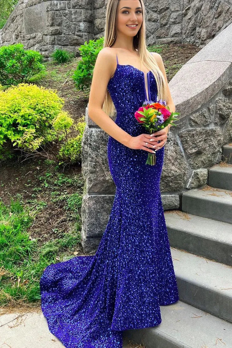 Gorgeous Mermaid V Neck Spaghetti Strap Royal Blue Sequins Long Prom Dresses