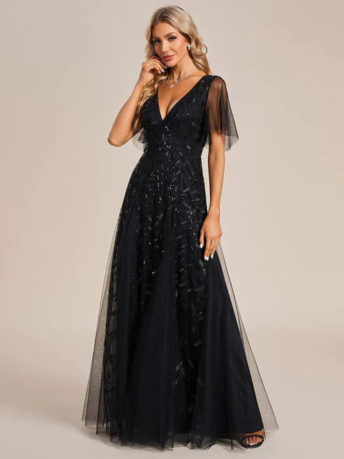 Shimmery V Neck Ruffle Sleeves Sequin Maxi Long Evening Dress/Prom Dresses Party Dresses Wedding Guest Dresses