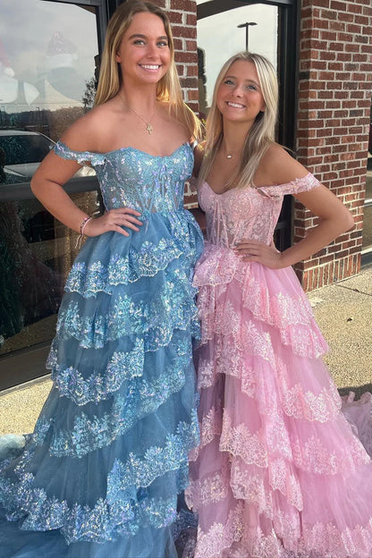 Sequin Appliques Off-the-Shoulder Ruffle Tiered Long Gown