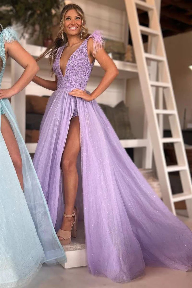 Feather Beaded V-Neck Long Prom Dress with Slit