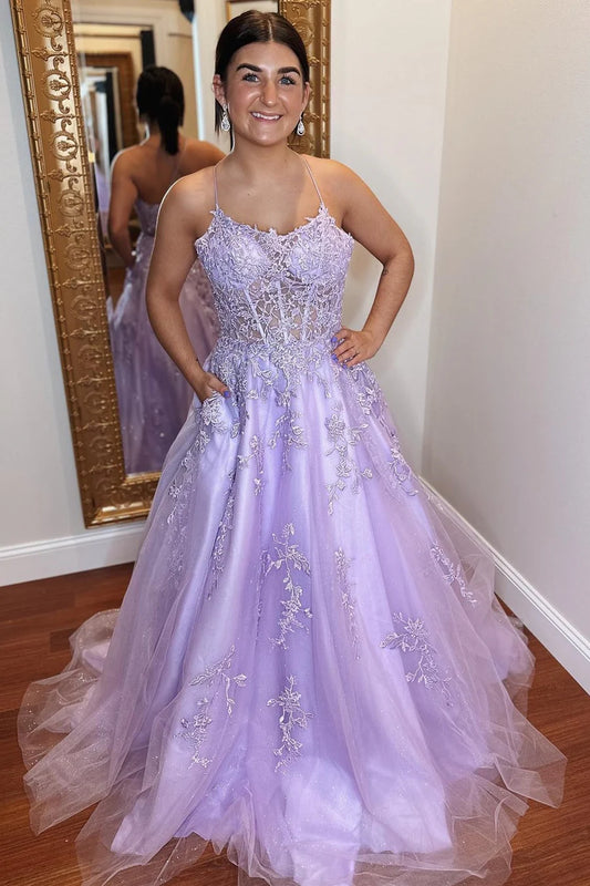 Tulle Applique Lace-Up Back A-Line Prom Dress