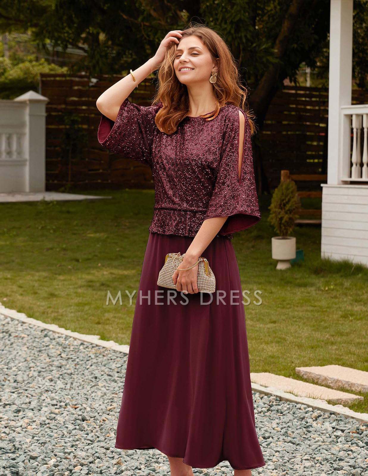 My Hers New Product Mother of The Bride Dress Sequin Long sleeves Chiffon Dress Sparkle Gown Wedding Guests Dresses