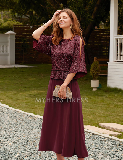 My Hers New Product Mother of The Bride Dress Sequin Long sleeves Chiffon Dress Sparkle Gown Wedding Guests Dresses
