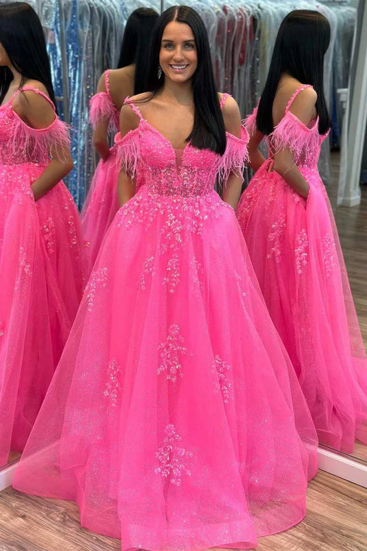 Tulle Applique Cold-Shoulder A-Line Prom Dress with Feathers