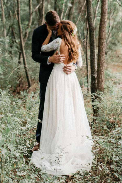 A-Line V-Neck Half Sleeves Backless Tulle Wedding Dress with Appliques