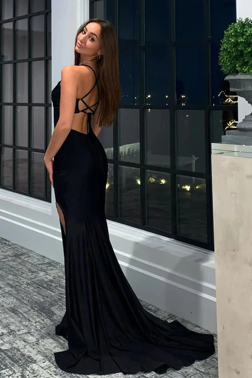 Mermaid Black V-Neck Halter Lace-Up Back Long Prom Dress with Slit