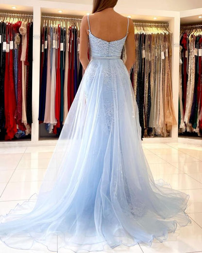 Sheath Mermaid Spaghetti Straps Sweep/Brush Train Dresses Tulle Detachable  Evening Dress