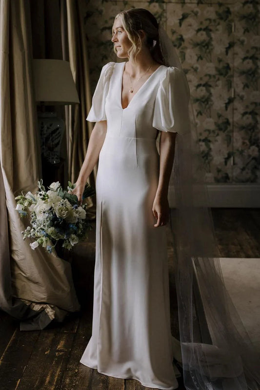 Elegant Mermaid V Neck Half Sleeves Satin Backless Split Fork Wedding Dresses