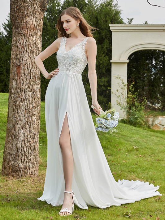 Formal V-Neck Lace With Slit Split Chiffon Fork Fashion Wedding Dress