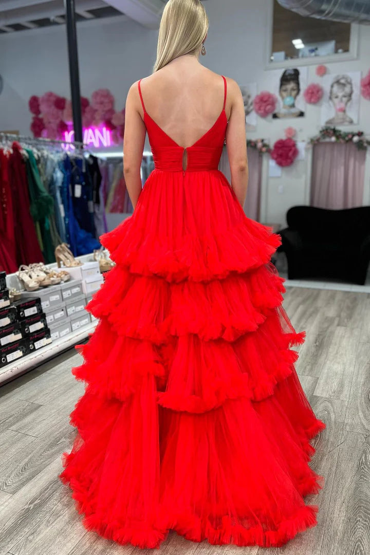 Tulle V-Neck Tiered Long Gown with Ruffles