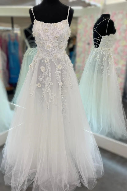 Tulle Floral Applique Lace-Up Back A-Line Long Prom Dress
