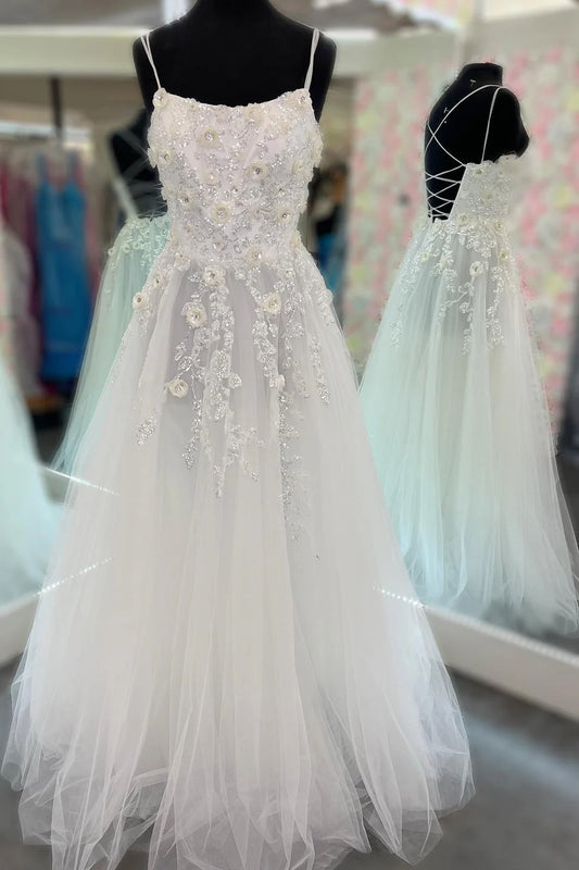 Tulle Floral Applique Lace-Up Back A-Line Long Prom Dress