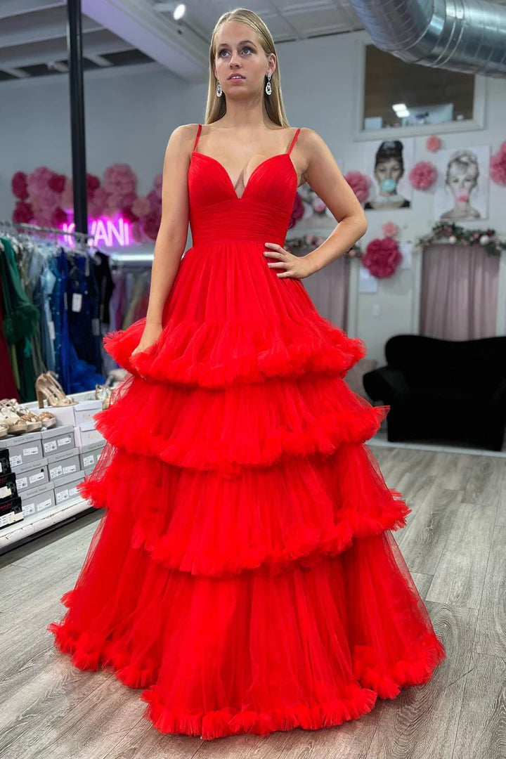Tulle V-Neck Tiered Long Gown with Ruffles
