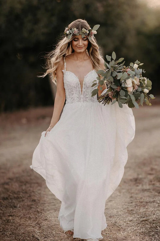 Bohemain A Line V Neck Spaghetti Strap Chiffon Wedding Dresses with Appliques