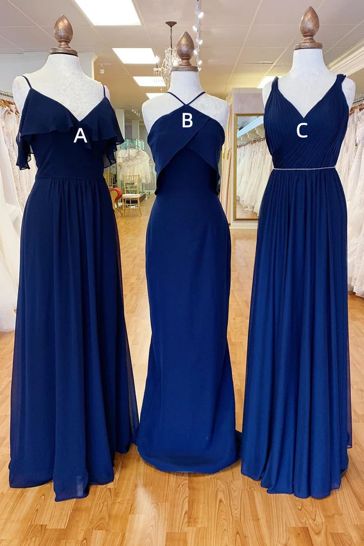 Halter/V-Neck/Off-the-Shoulder Mismatched Navy Blue Chiffon Long Bridesmaid Dress