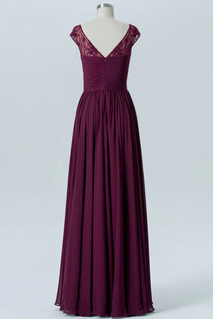 Magenta Round neck Chiffon Cap Sleeve Long Pleats Bridesmaid Dress