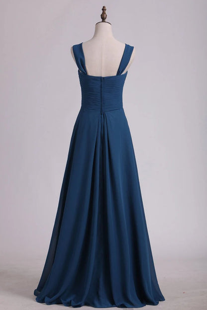 Dark Blue Square neck Sweetheart Backless A-Line Long Bridesmaid Dress