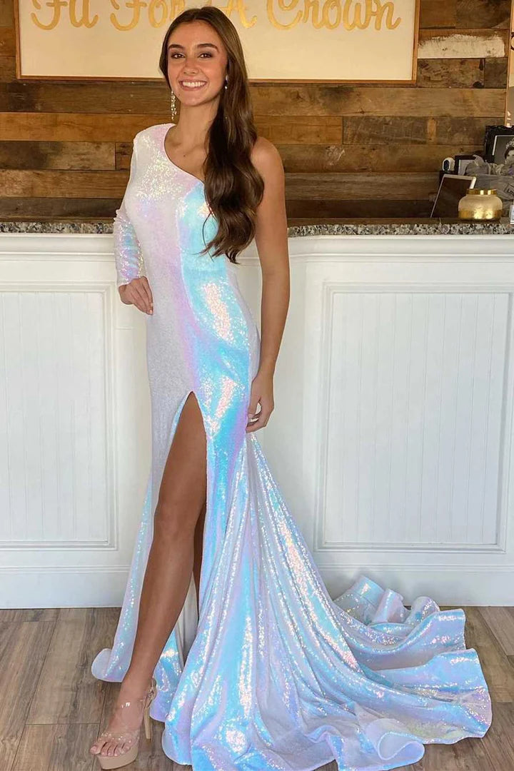 Rainbow Sequin One-Shoulder Mermaid Long Prom Dress
