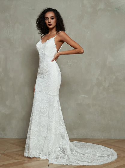 Temperament Lace Spaghetti Straps Mermaid Boho Lace Beach Backless Wedding Dresses