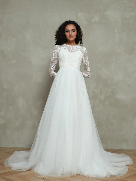 Fantastic Lace Top Tulle Skirt Round Neck Bead string Elegant Wedding Dresses