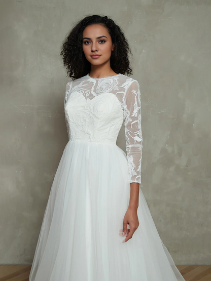 Fantastic Lace Top Tulle Skirt Round Neck Bead string Elegant Wedding Dresses