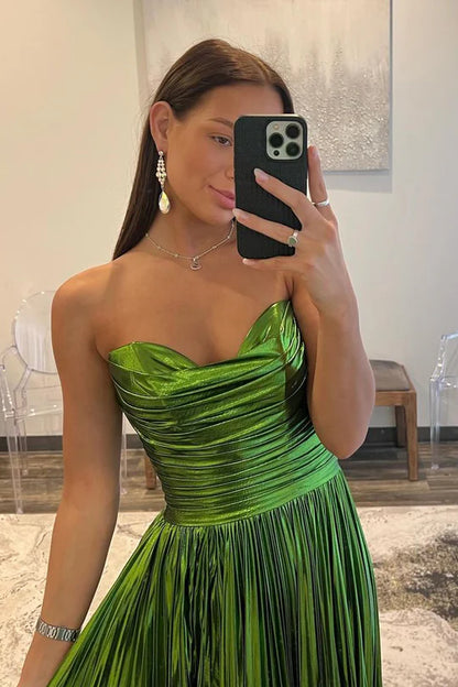 Cute Sheath Sweetheart Off-the-Shoulder Sparkly Green Satin Long Prom Dress with Slit