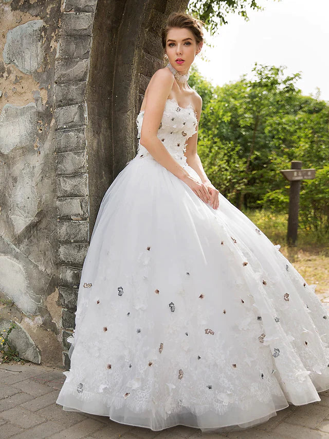 Ball Gown Wedding Dresses Sweetheart Neckline Floor Length Lace Tulle Sleeveless with Lace Appliques Flower