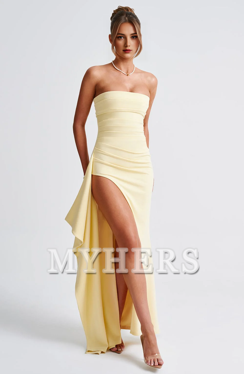 Strapless Ruched Thigh high split Exquisite Dresses Bridesmaid Dresses Wedding Guests Dresses
