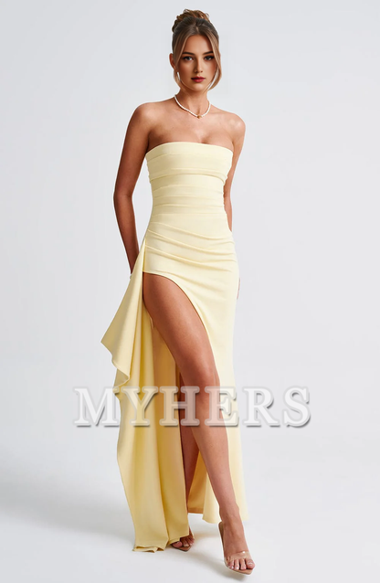 Strapless Ruched Thigh high split Exquisite Dresses Bridesmaid Dresses Wedding Guests Dresses