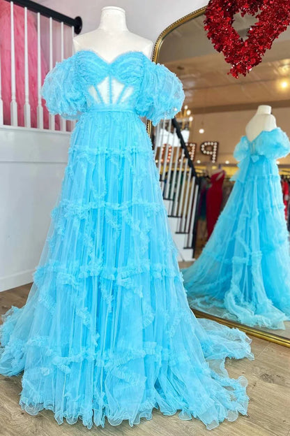 Sheer Corset Ruffles A-Line Prom Dress with Puff Sleeves
