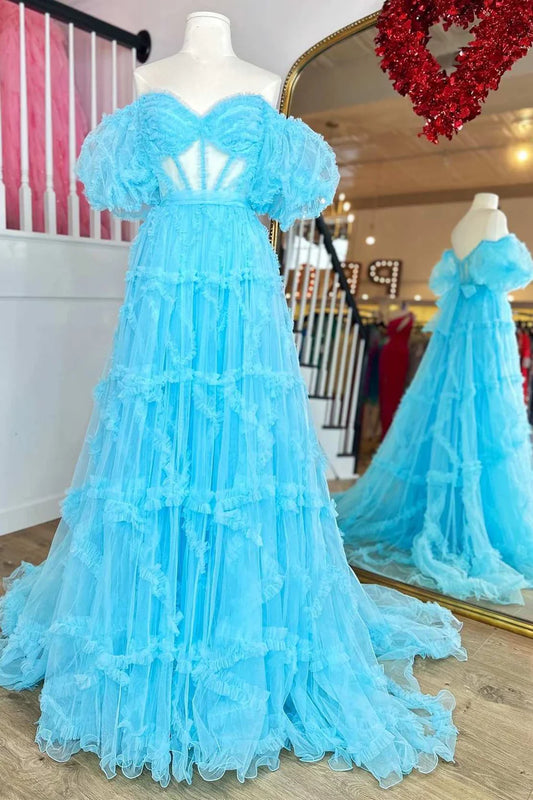 Sheer Corset Ruffles A-Line Prom Dress with Puff Sleeves
