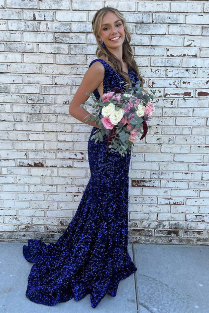 Glitter Plunge  Sequin Trumpet Long Formal Dress