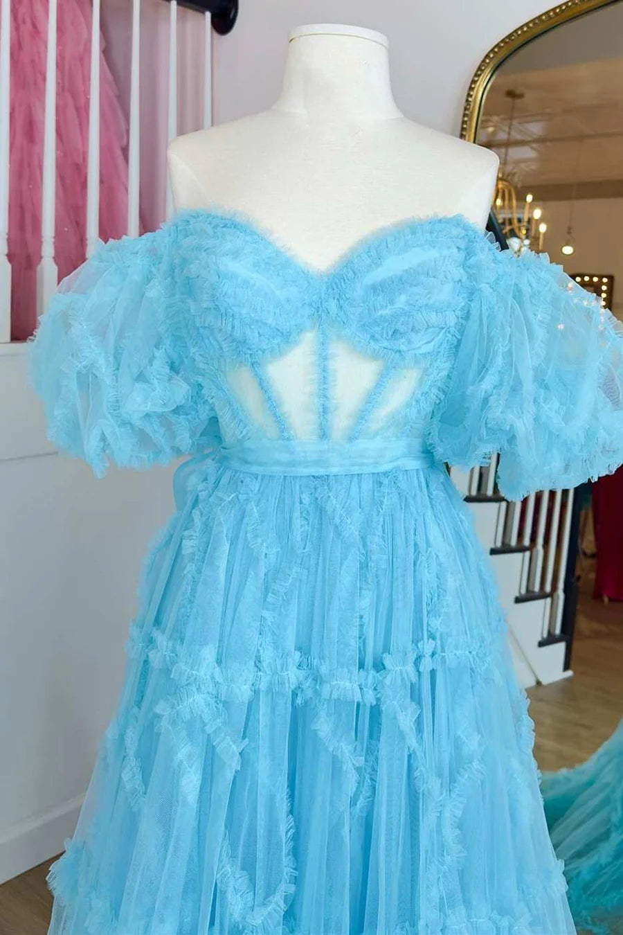 Sheer Corset Ruffles A-Line Prom Dress with Puff Sleeves