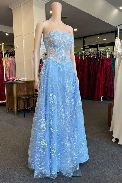 Lace Strapless A-Line Long Prom Dress