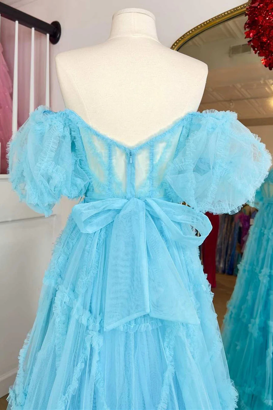 Sheer Corset Ruffles A-Line Prom Dress with Puff Sleeves