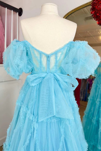 Sheer Corset Ruffles A-Line Prom Dress with Puff Sleeves