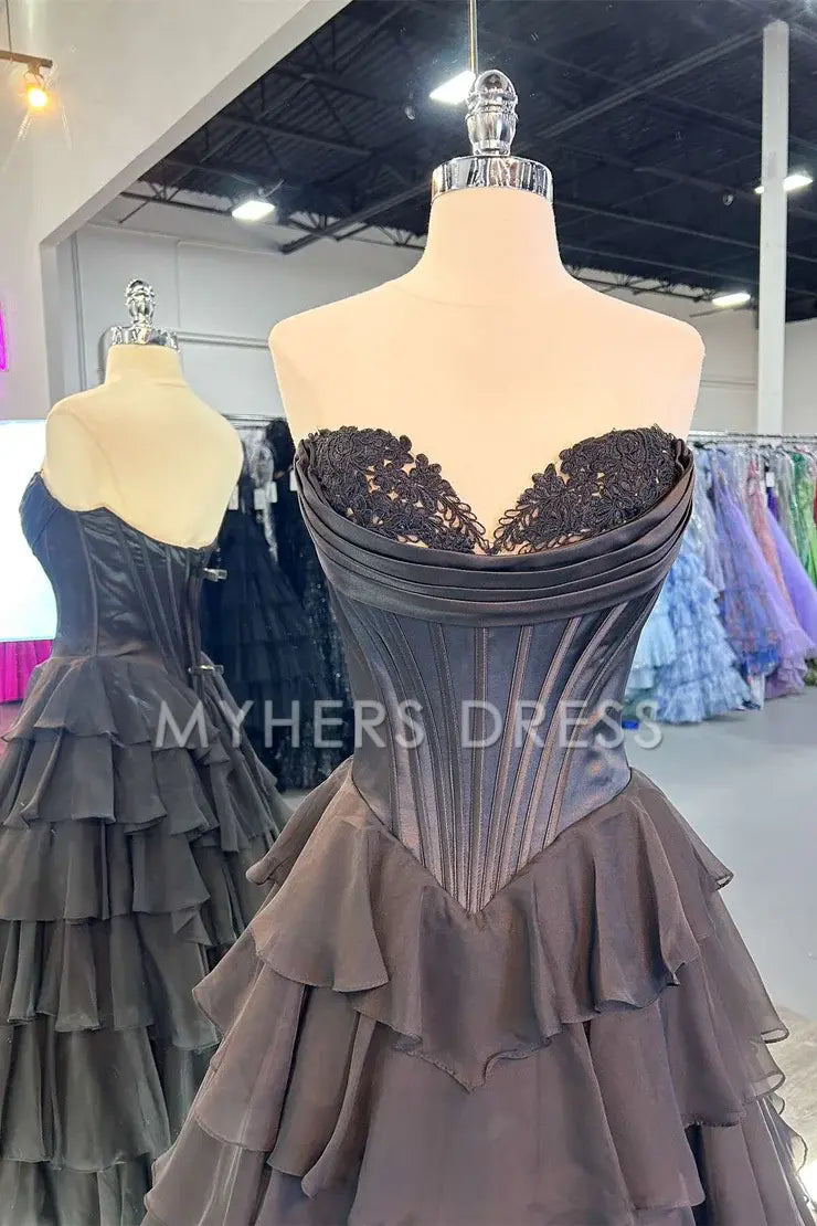 My Hers Ladies Formal Dress Cute Sweetheart A-Line Ruffle Chiffon Tiered Long With Split Exquisite Prom Dress