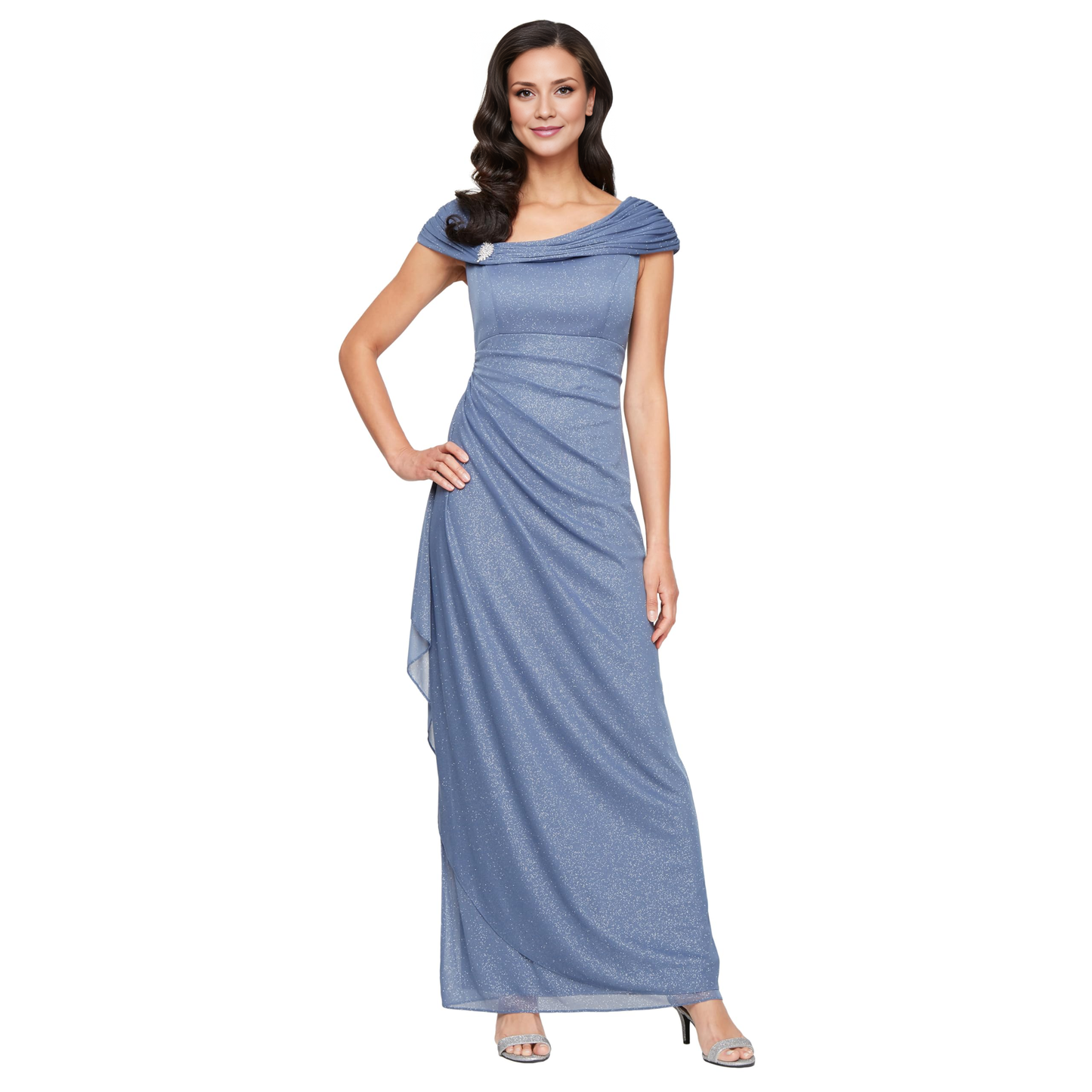My Hers New Product Mother of The Bride Dress Women's Long L-Neck Glitter Mesh with Ruched Neckline Elegant Unique Dresses Formal Dresses Wedding Guests Dresses
