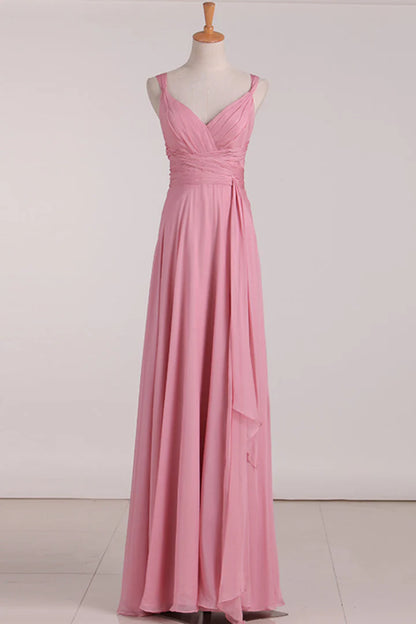 Pink Lace-Up V-Neck Back Long Chiffon Sleeveless Bridesmaid Dress