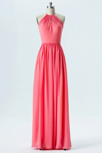 Hot Pink Round neck Halter Backless Pleats Bridesmaid Dress