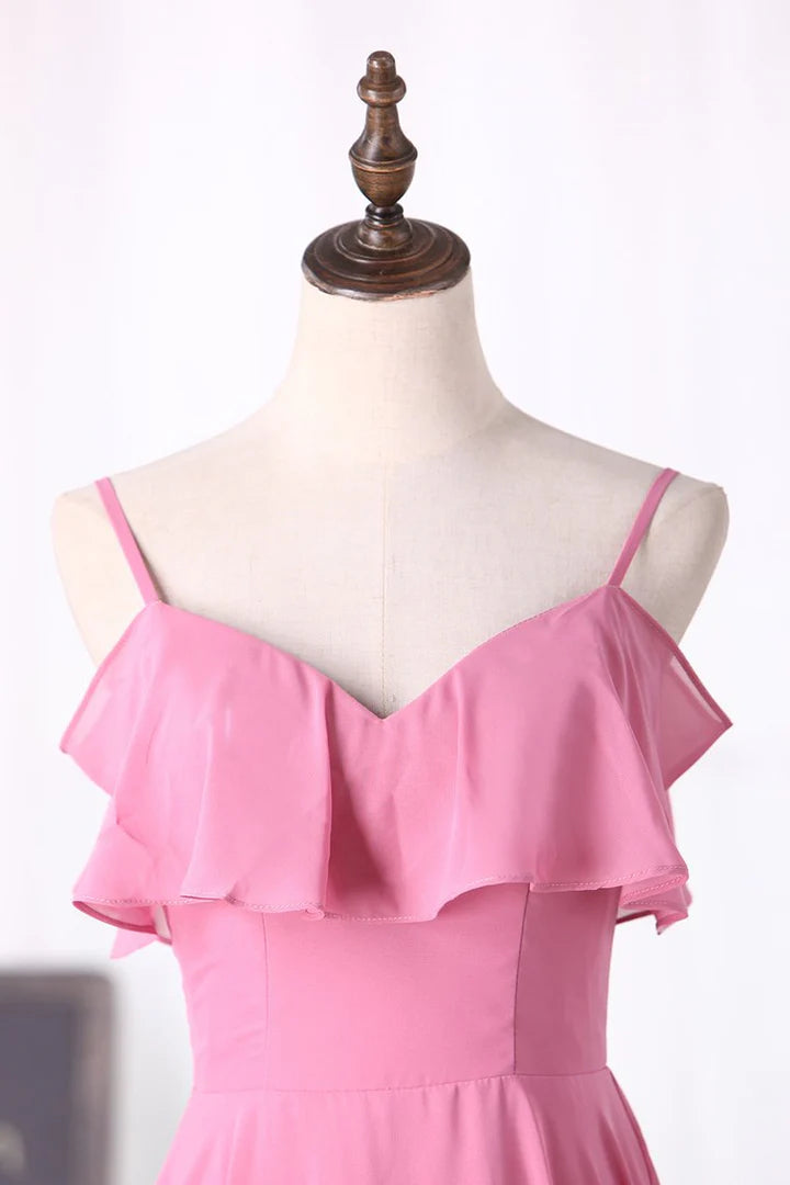 Pink Spaghetti Straps Chiffon Ruffled Sleeveless Long Bridesmaid Dress