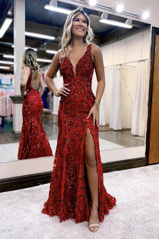 Charming Mermaid V Neck Red Sequins Lace Backless Prom Dress with Slit