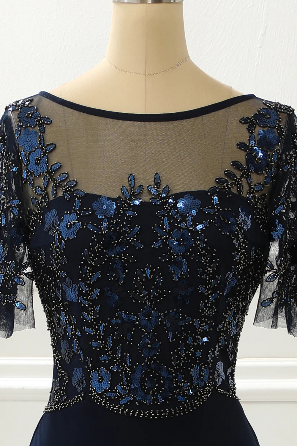 Navy Round Neck Sequin Mermaid Retract Your Waist Prom Dress With Beading