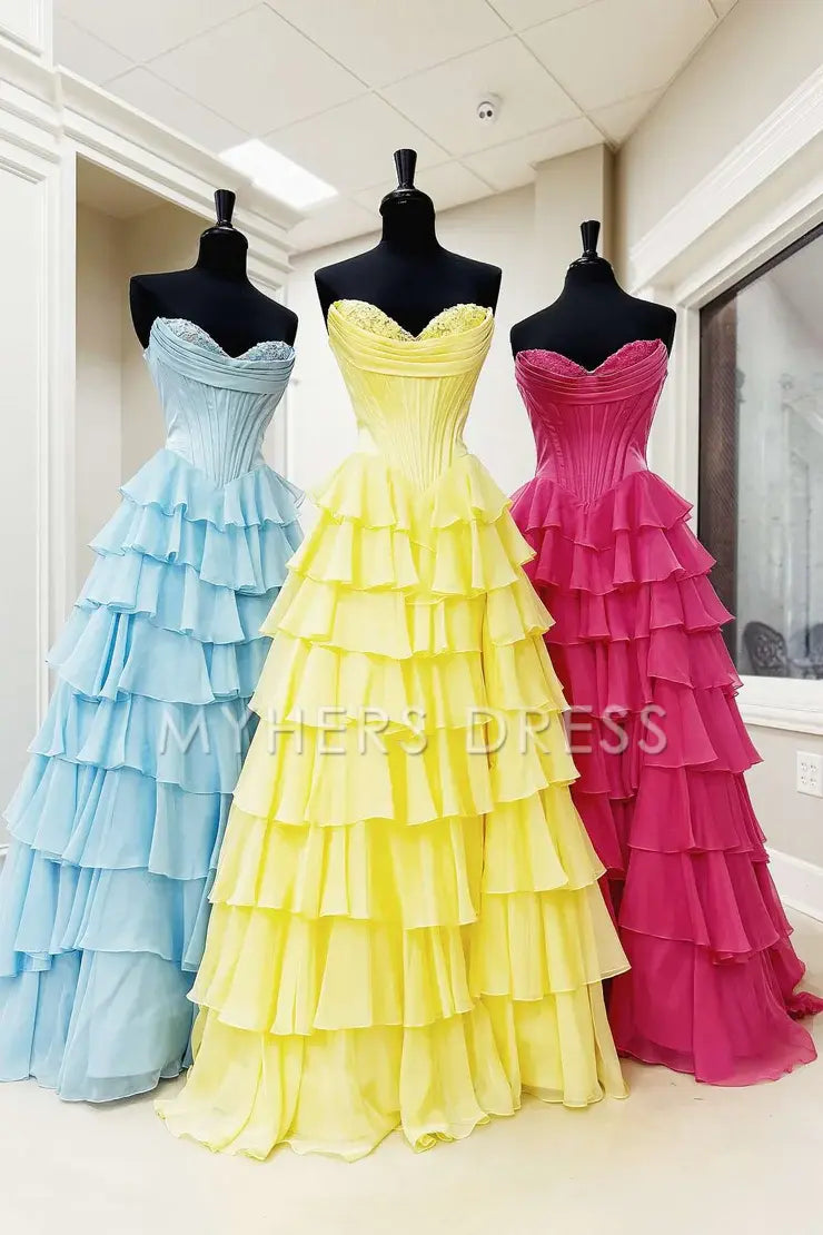 My Hers Ladies Formal Dress Cute Sweetheart A-Line Ruffle Chiffon Tiered Long With Split Exquisite Prom Dress