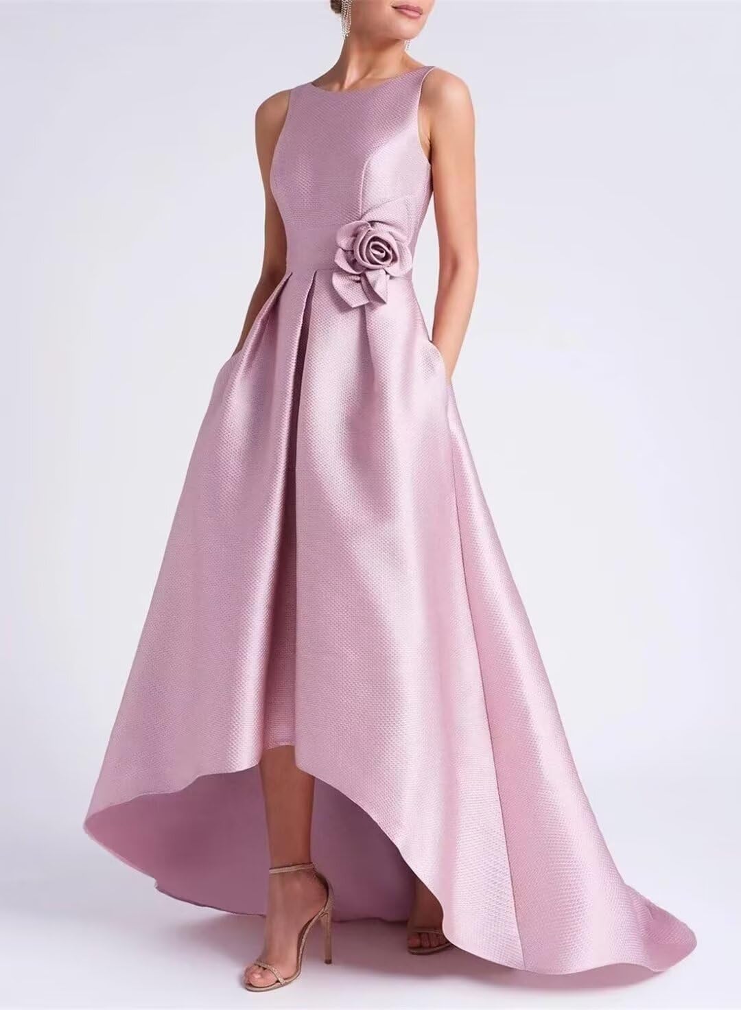 My Hers New Product Mother of The Bride Dress A Line Satin Hi-Low Dresses Crew Neck Dress with Pockets Elegance Wedding Guests Dresses